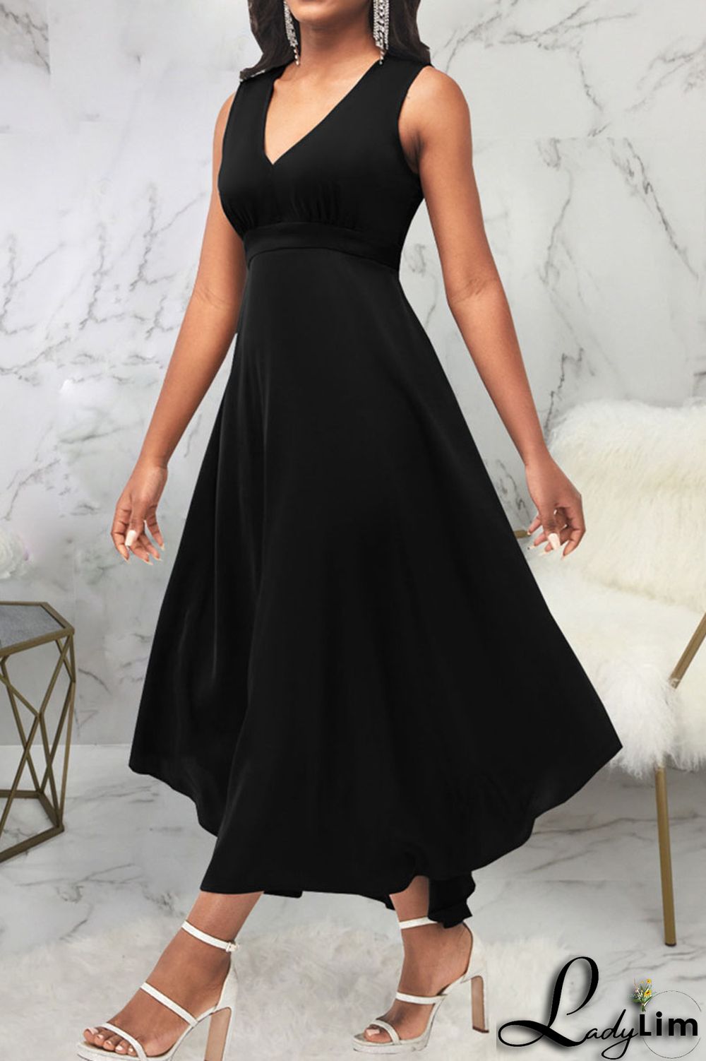 Black Casual Solid Patchwork V Neck A Line Dresses