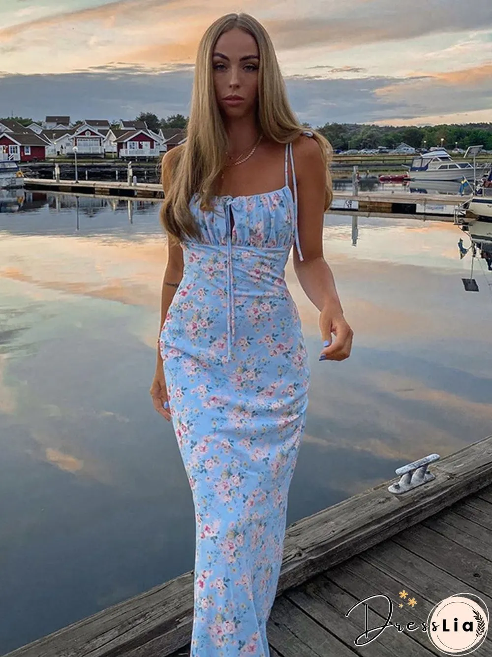 Cryptographic Floral Print Cottagecore Elegant Sleeveless Maxi Sundress Sexy Backless Women Party Club Tie Front Dress Holiday