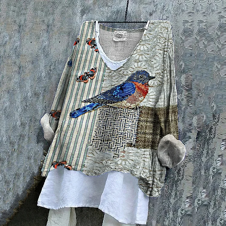 Simpfit Damen Vintage gestreiftes Schmetterlings- und Vogelkunst-Stickerei-Shirt aus Baumwolle und Leinen
