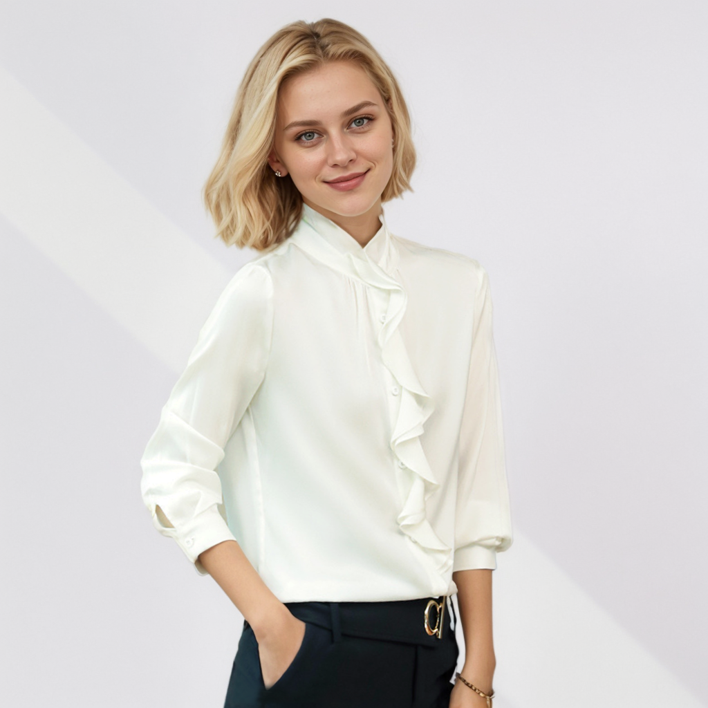Ruffled Silk Blouse Solid Color REAL SILK LIFE