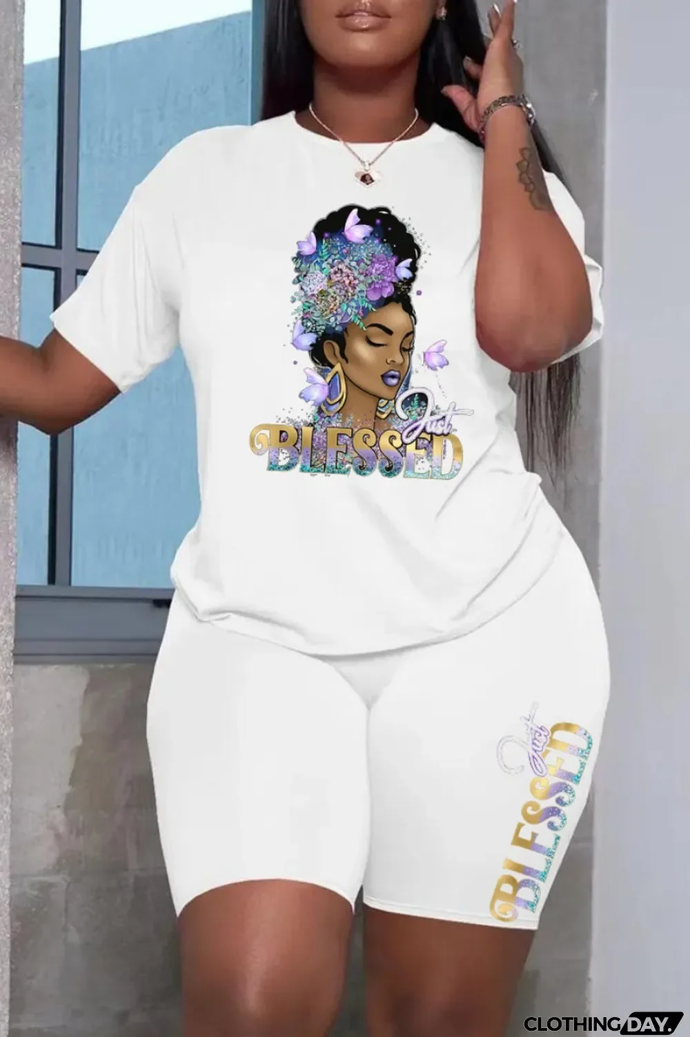 Burgundy Fashion Casual Print Patchwork O Neck Short Sleeve Plus Size Two Pieces