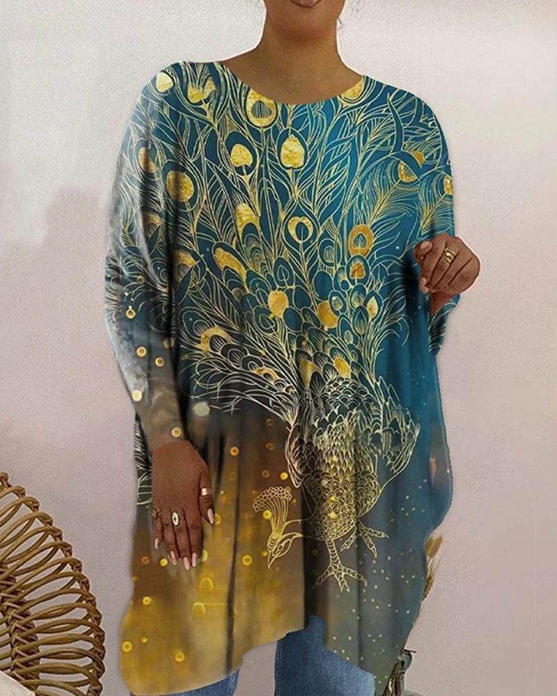 Women's Peacock Print Round Neck Long Sleeve Plus Size Top