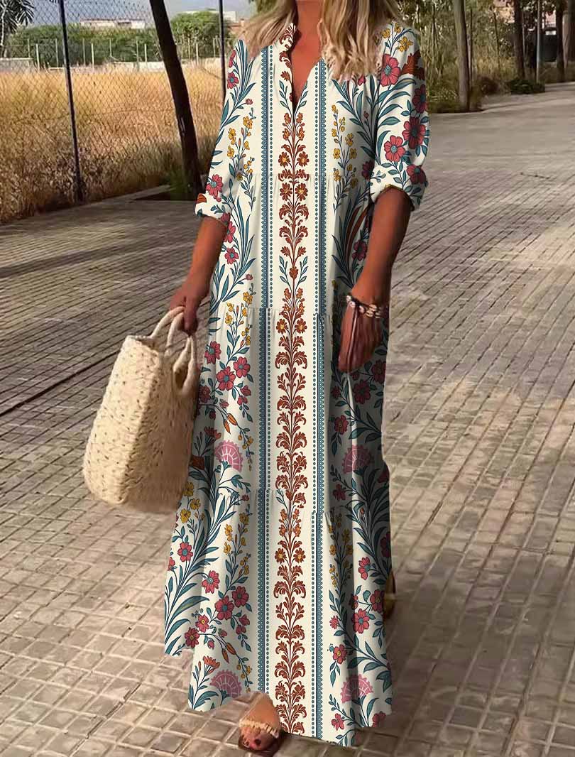 Women Tropical,Red,Blue DZDN0275 SPU Printed Long Sleeve V-neck Maxi Dress