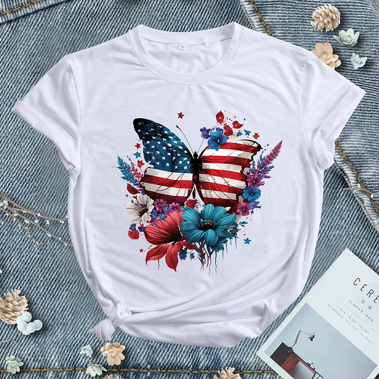 Independence Day Butterfly Flower Round Neck T-shirt - BSP0005