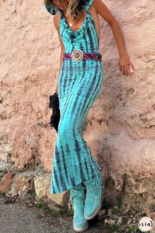 Meridress Cowl Neck Backless Tie Dye Hoodied Maxi Dress