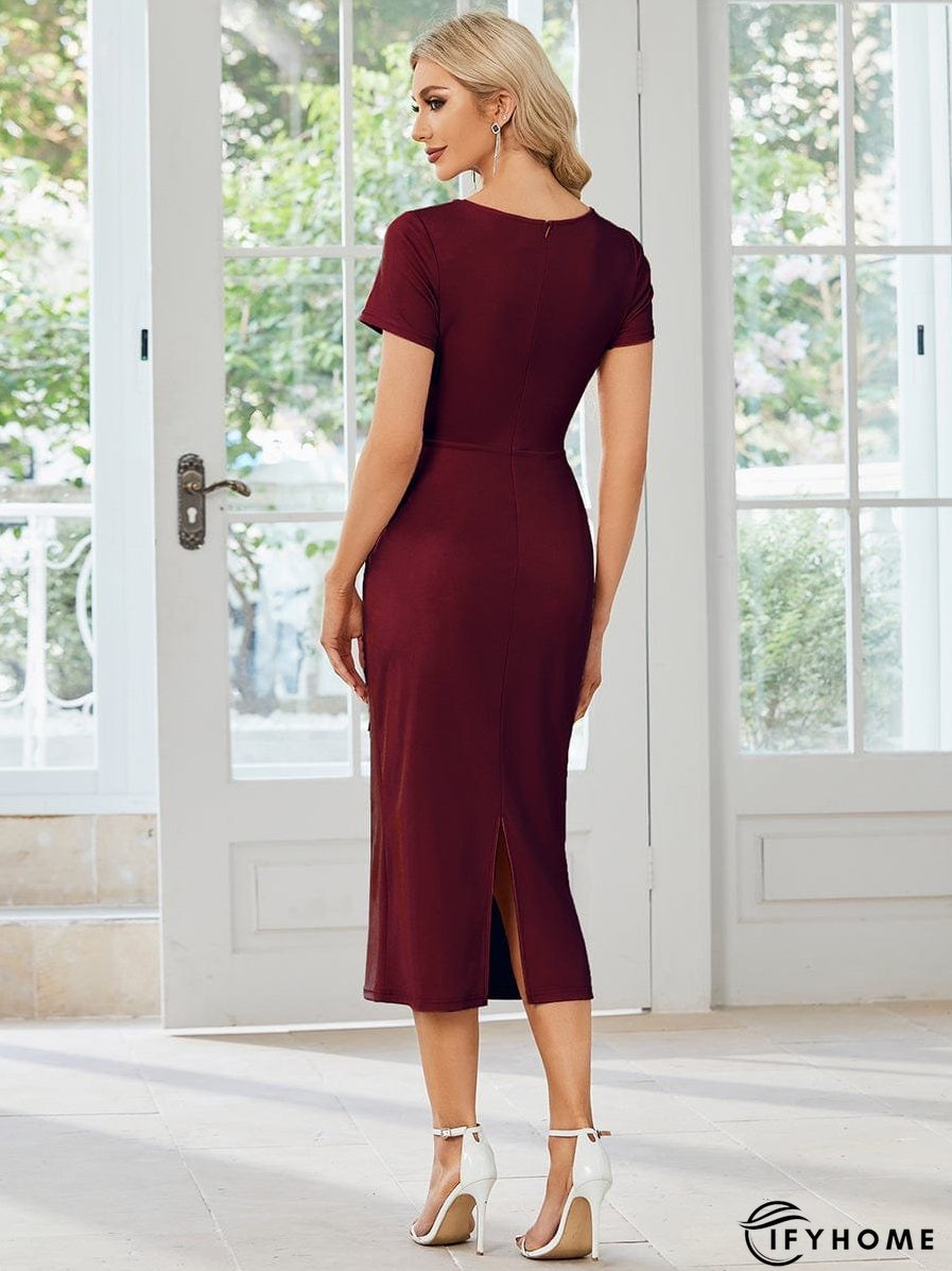 Elegant Deep V Neck Short Sleeve Cocktail Dress with Waist Belt | IFYHOME