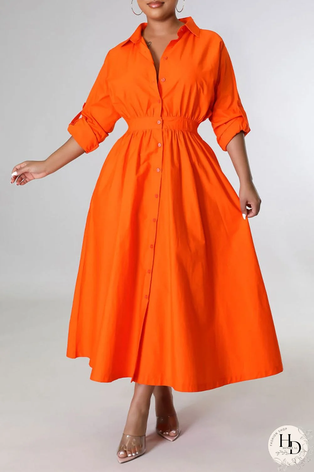 Orange Casual Solid Patchwork Buckle Turndown Collar Shirt Dress Dresses