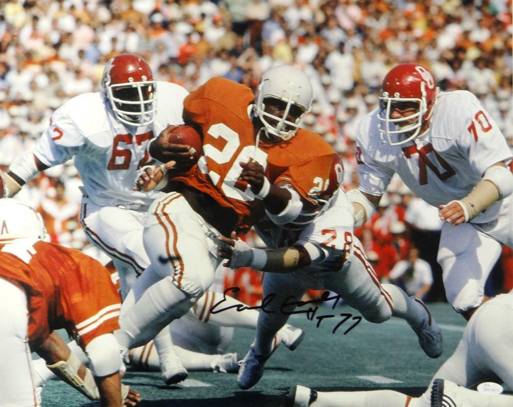 Earl Campbell Signed Longhorns 16x20 Against OU Photo Poster painting W/ HT 77 - JSA W Auth *Blk