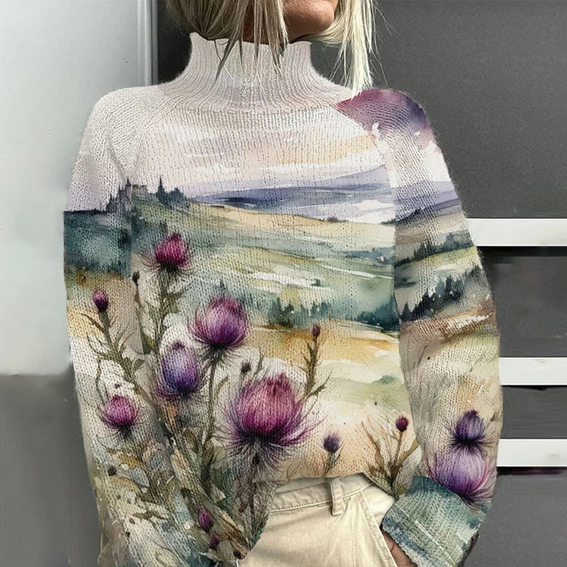 Women's Watercolor Scottish Thistle Turtleneck Cozy Knit Sweater