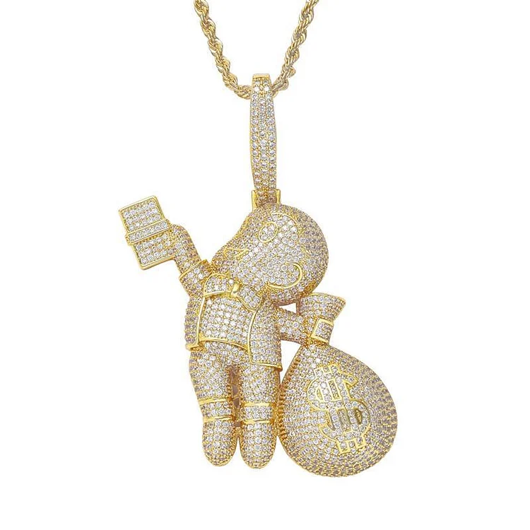 Boy With Money Bag Pendants 4 Colors Necklace Iced Out Bling-VESSFUL