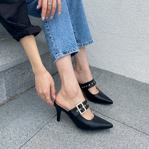 Baotou Half Slippers Women's 2020 Fashion All-match Belt Buckle Pointed High Heel Retro Mule Shoes Thin Heeled Slippers