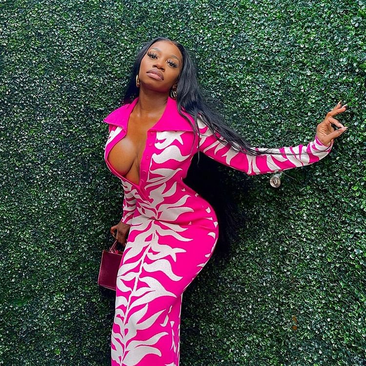 Women Autumn Long Sleeve Floral Printed Bodycon Pink Long Dress 2022 Fall Clothes Streetwear - BlackFridayBuys