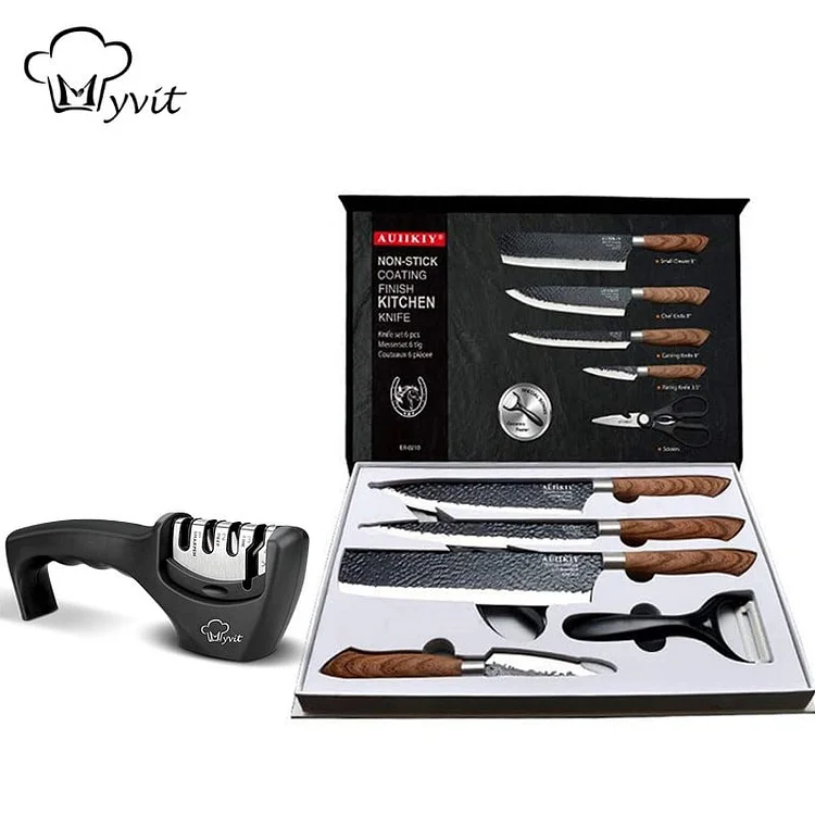 Chef knife set, stainless steel forged knife, kitchen knife, scissors, ceramic paring knife, slicing knife, paring knife, with gift box + 4 in 1 sharpener
