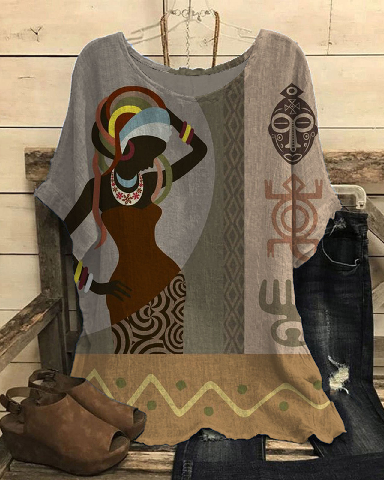 African Girl Ethnic Print Short Sleeve Casual Linen Blend Tunic