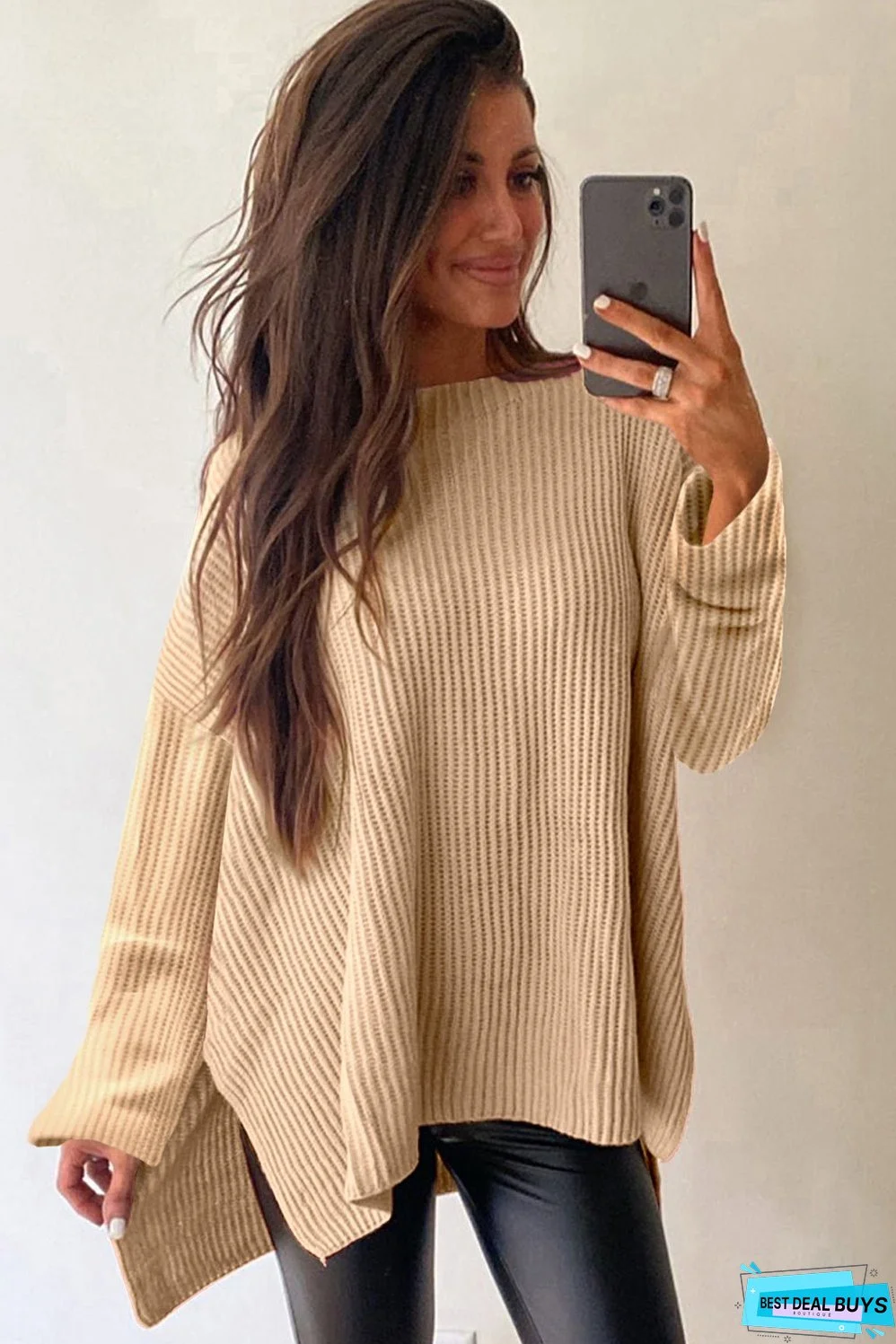 Side Slit Round Neck Long Sleeve Sweater