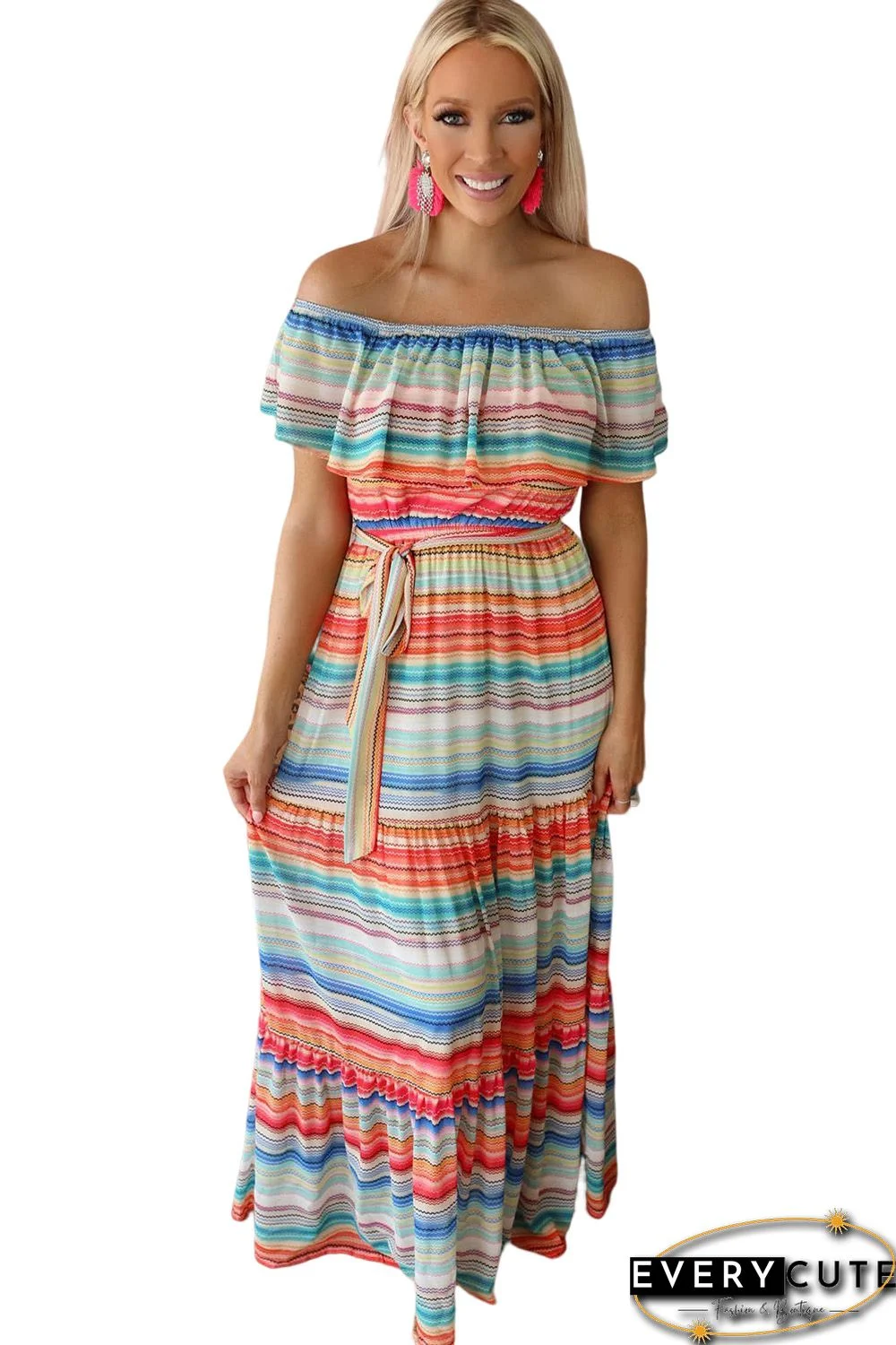 Stripe Print Lace-up Ruffled Off Shoulder Maxi Dress