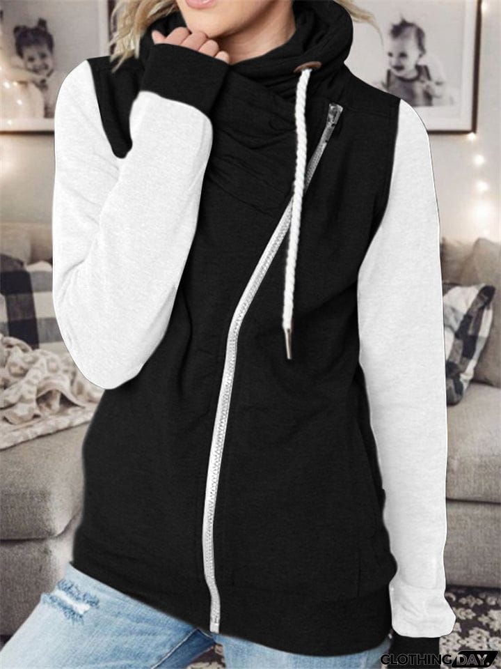 Vogue Personality Contrast Color Zipper Female Hoodies