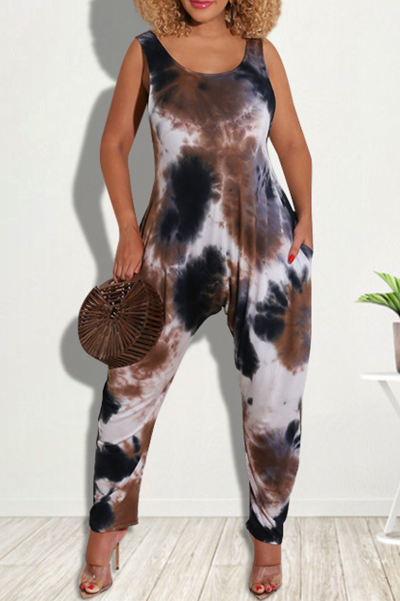 Sexy Patchwork Tie-dye U Neck Harlan Jumpsuits