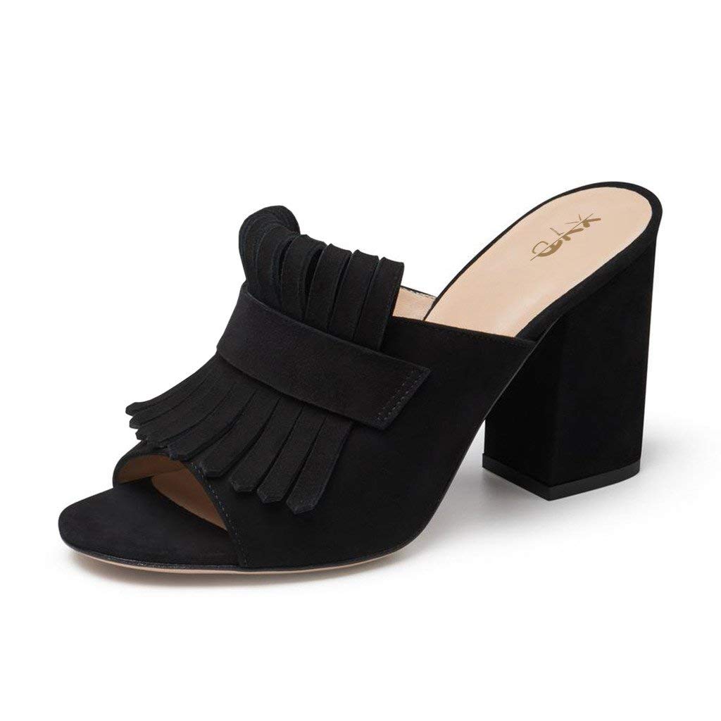 Black Faux Suede Open Toe 4'' Chunky Heel Wide Band Fringe Mules Nicepairs
