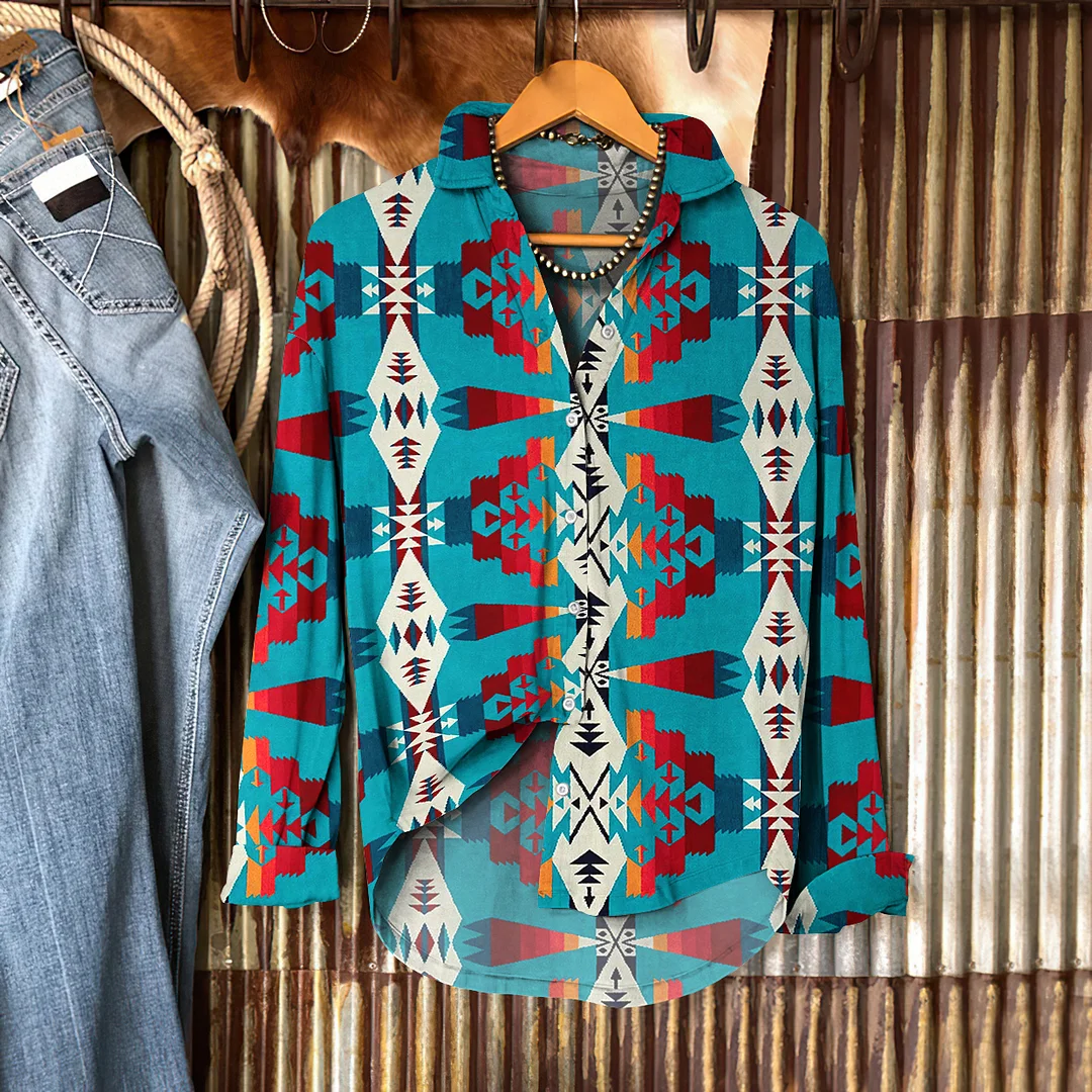 Vintage Western Geometric Print Lapel Long Sleeve Shirt