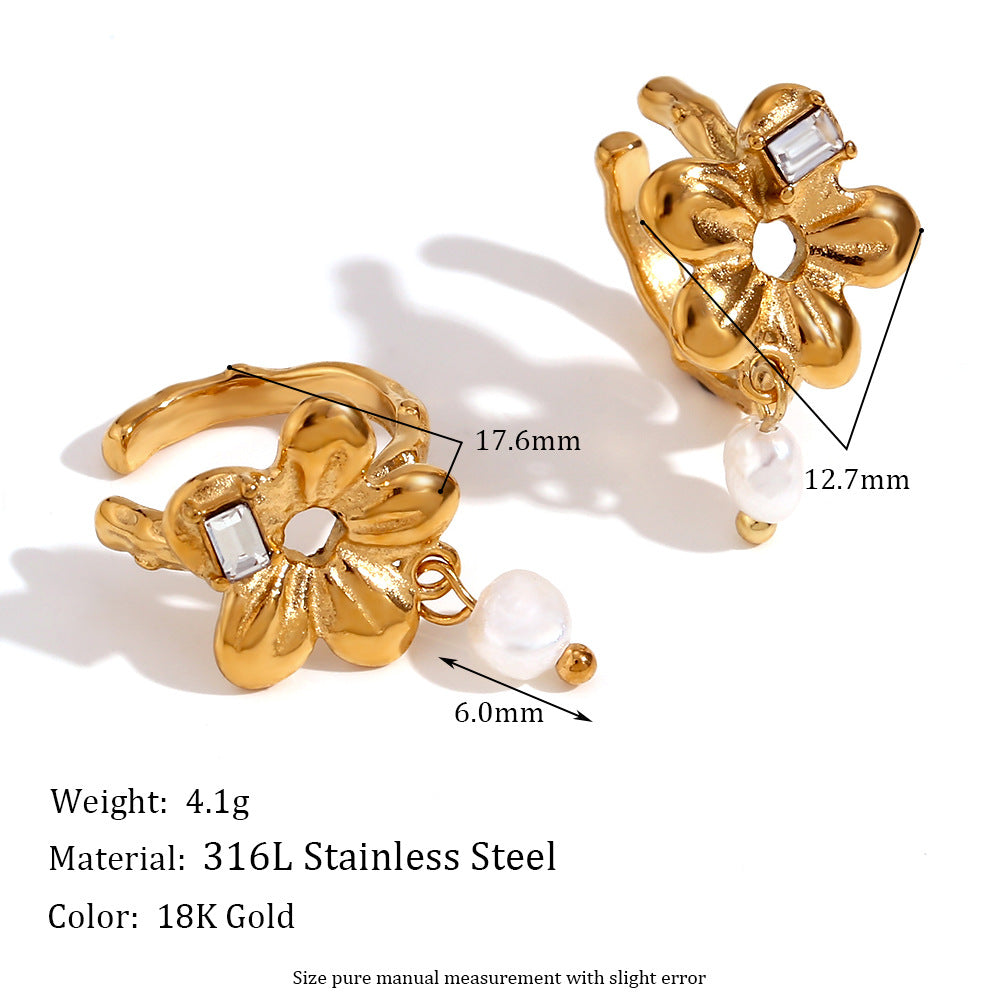 Women Fashion Pearl Geometric Flower Stainless Steel 18K Gold Plated Clip On Earrings