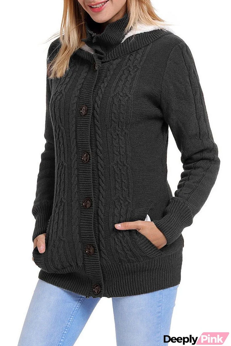 Charcoal Long Sleeve Button-up Hooded Knit Cardigans