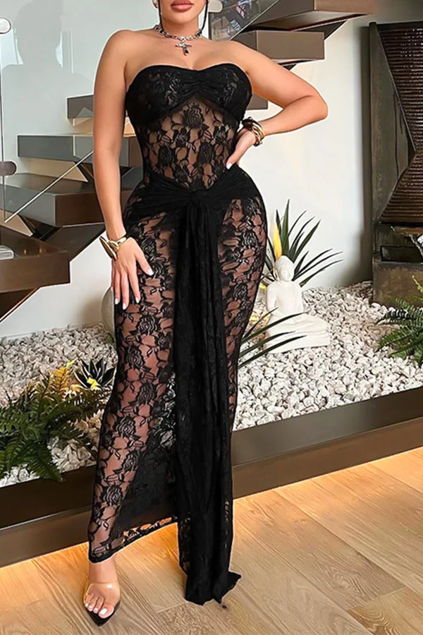 Lace See-Through Strapless Party Lace-Up Maxi Dress