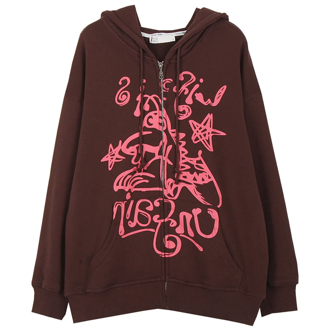 Gothic Zipper Hoodie Jacket Casual Long Sleeve Coat Print Graffiti Streetwear Oversized  Harajuku Y2K Loose Sweatshirt 2021 New