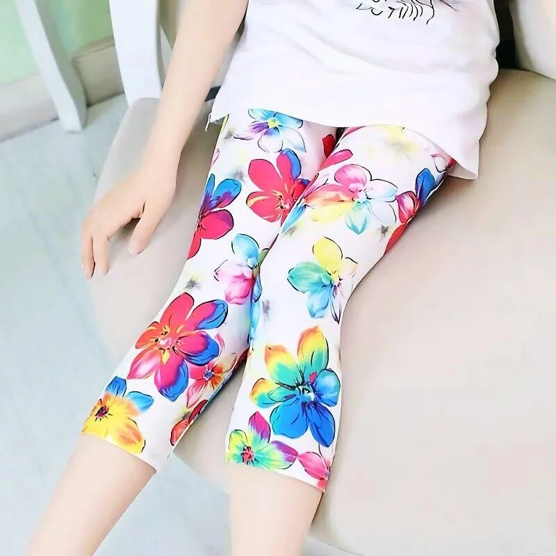 Baby Girls Leggings 2021 Kids Summer Breathable Flower Print Pencil Pant Children Cropped Trousers 2-12 Years Girl Leggings