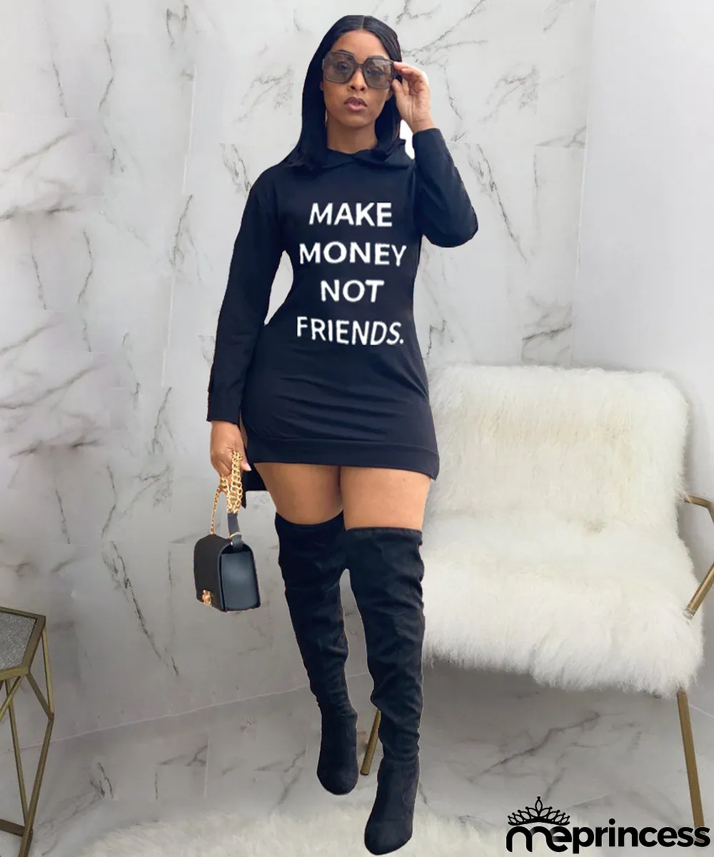Women Fashion Sexy Print Letter Casual Solid Color Hooded Dress