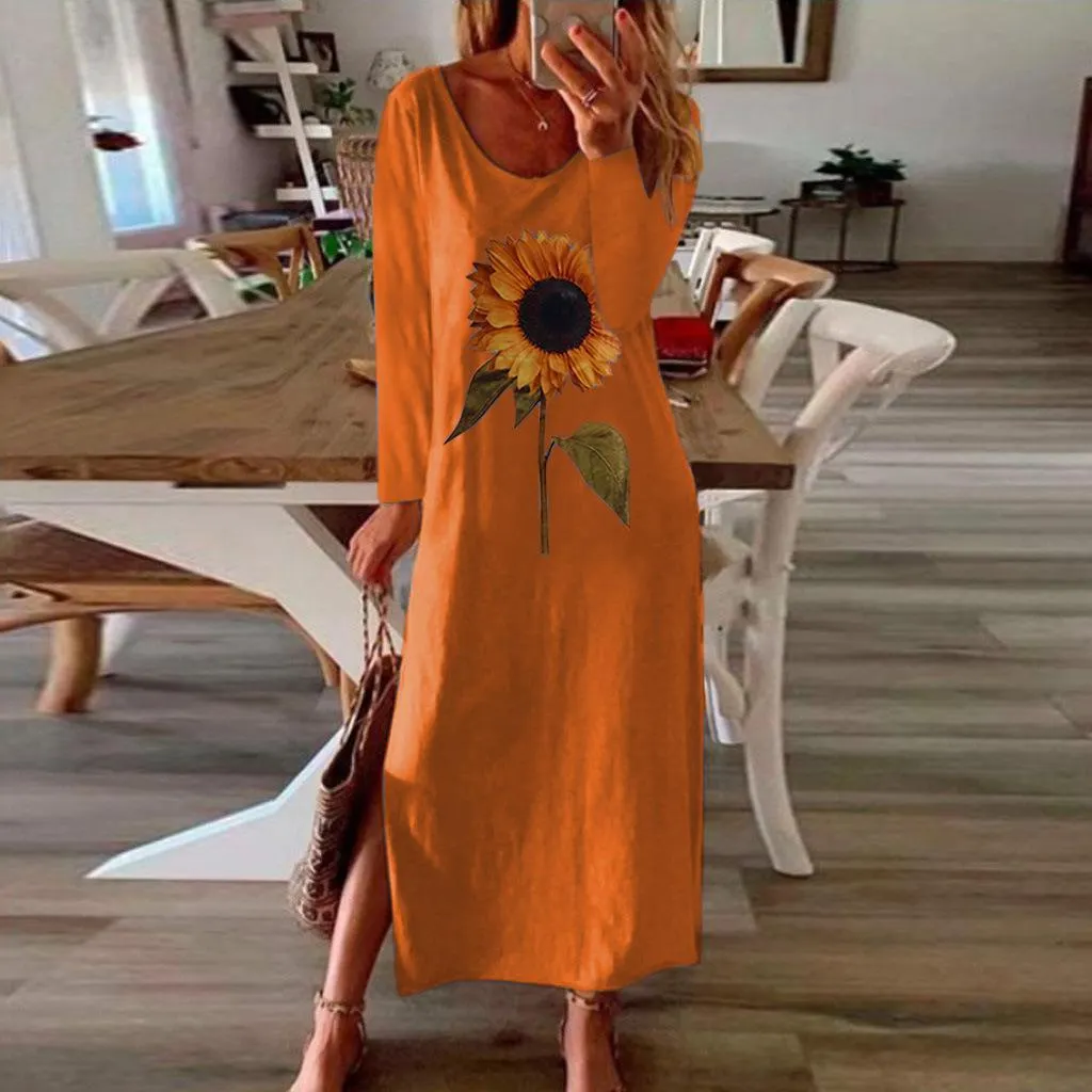 Sunflower 3D Print Split Summer Autumn Dress Women Elegant 2020 White Long Sleeve Plus Size Maxi Dresses for Women Vestidos