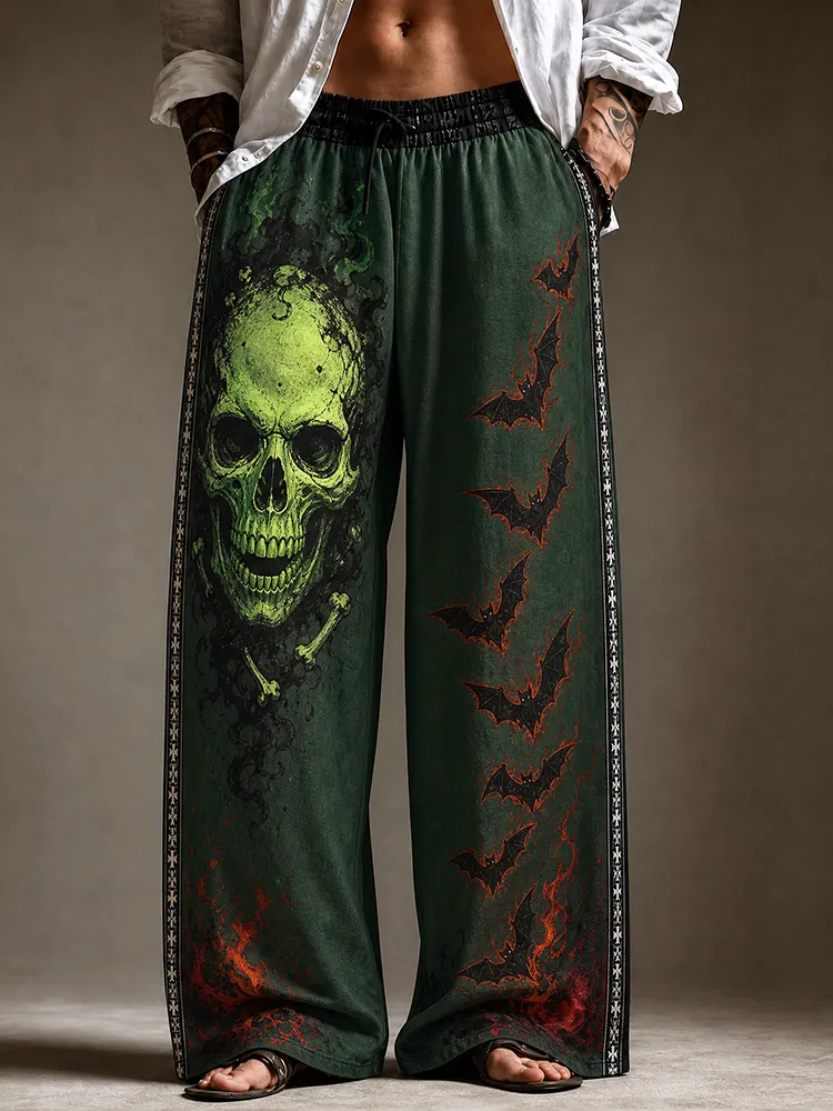Men's Gothic Wide-leg Pants - Green Fiery Skull And Flying Bats Print Casual Trousers