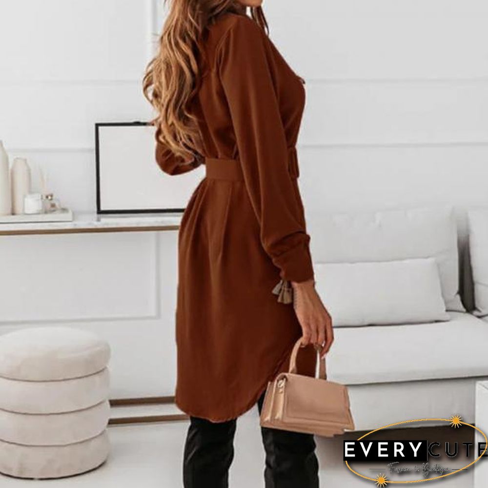 Dress Soft Turn-down Collar Casual Vintage Single-breasted Long Sleeve Mini Dress