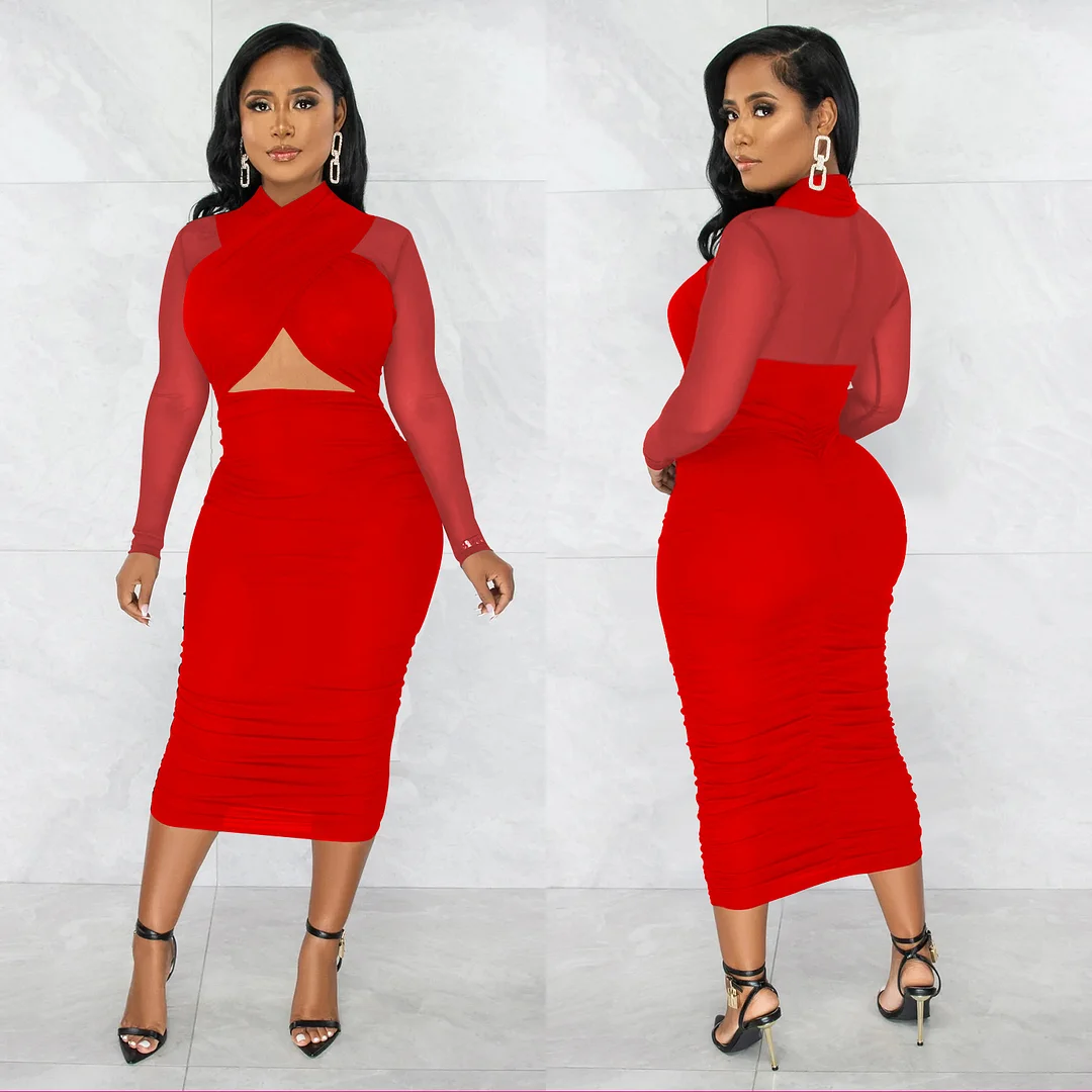 Churchf Churchf Fashion Women's Mesh Long Sleeve Solid Color Wrapped Breast Crop Dress