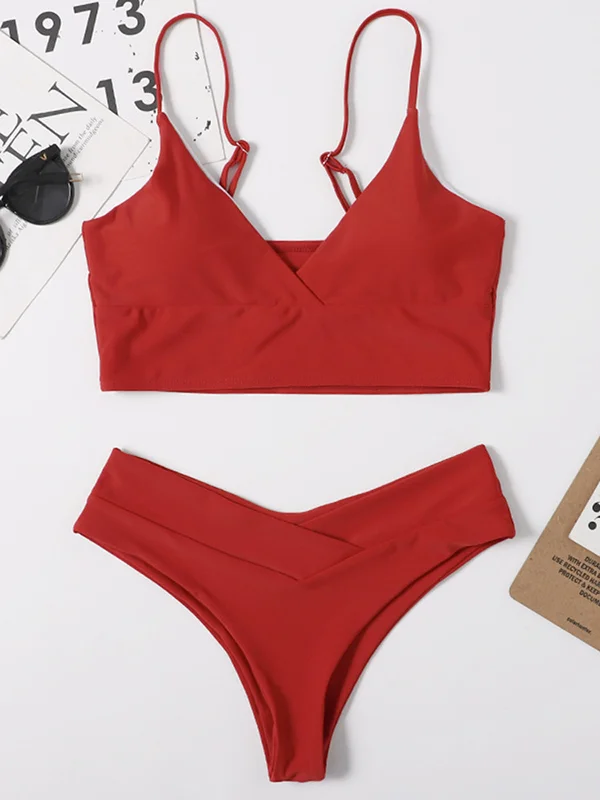 Solid Color Spaghetti-Neck V-Neck Bralette Brazilian Bikini Swimwear