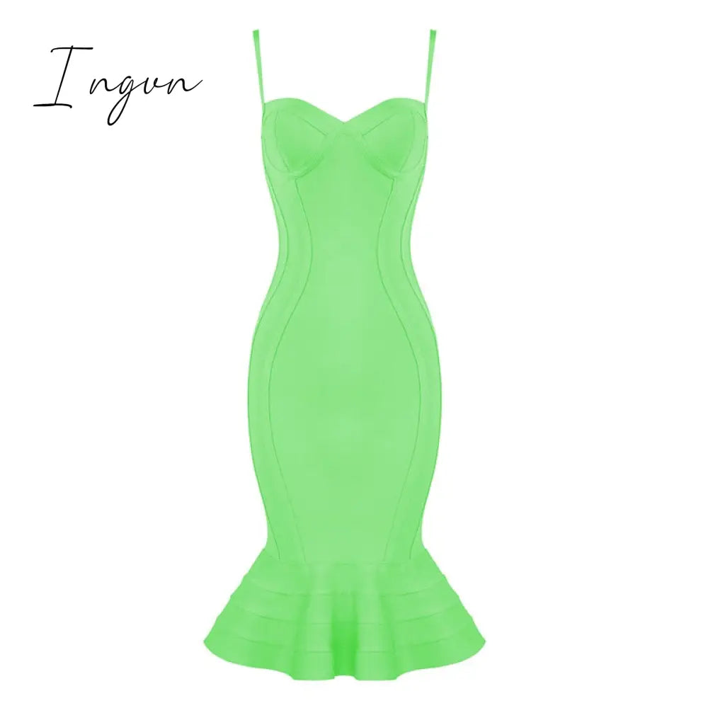 Ingvn - High Quality Pink Yellow Knee Length Rayon Bandage Dress Evening Party Elegant Green / Xs