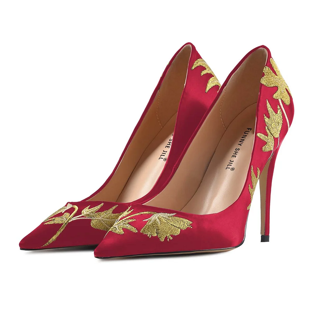 Satin Embroidered Pumps Pointed Toe Heels Everyday Classic Shoes