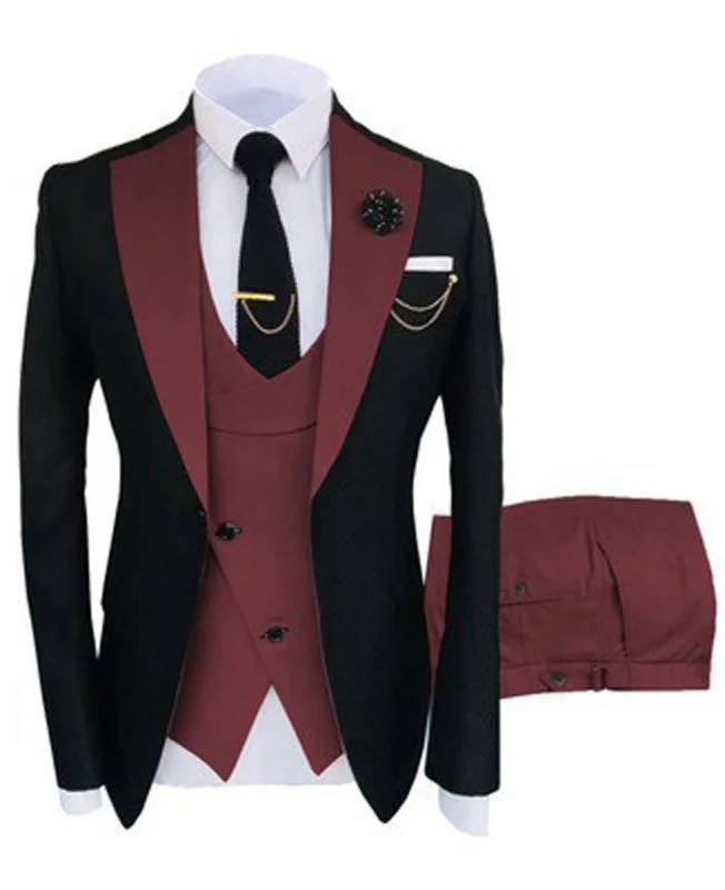 Formal Chain Colorblock Turndown Collar Blazer & Vest & Pant 3Pcs Set 2XS-7XL 