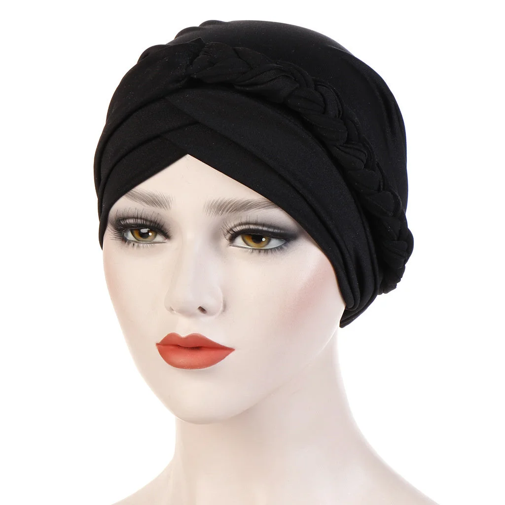 Women's Pure Color Unilateral Twist Braid Muslim Turban Hat Cap
