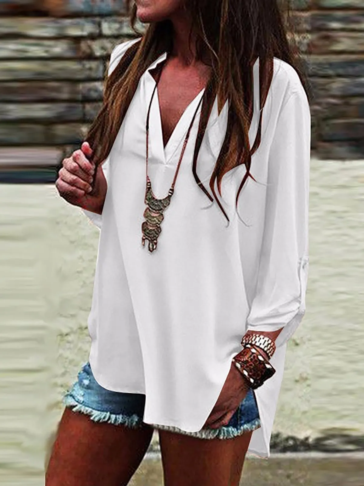 Women V Neck Slit Long Sleeve Blouse