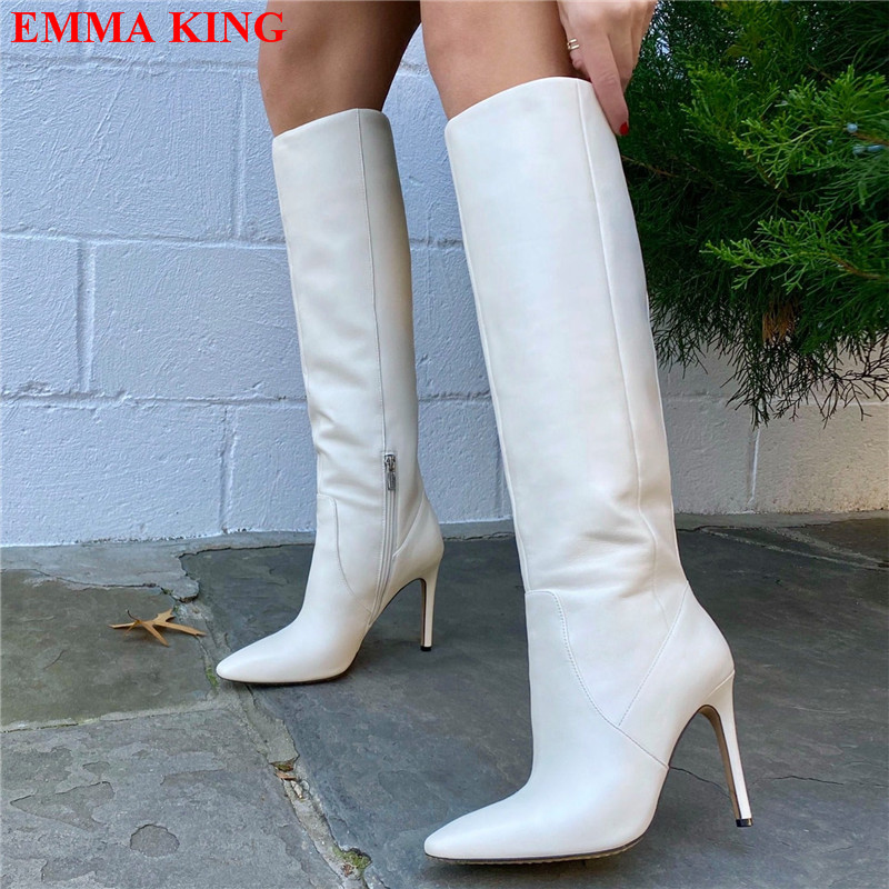 VCSHOES Womens White Stiletto Knee High Boots High Heels Ladies Party Shoes Side Zipper Pointed Toe Long Boots Woman