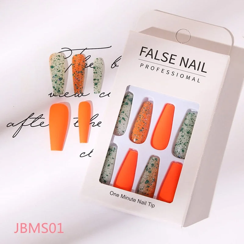 24pcs Splash Ink Fake Nails Extra Long Gradient Coffin False Nails with Glue Blooming Manicure Ballerina Press on Nails