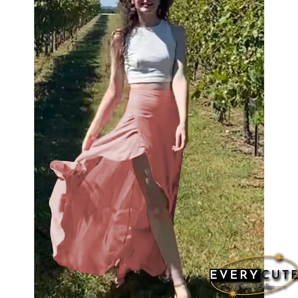 Pink High Low Ruffled Hem Irregular Skirt