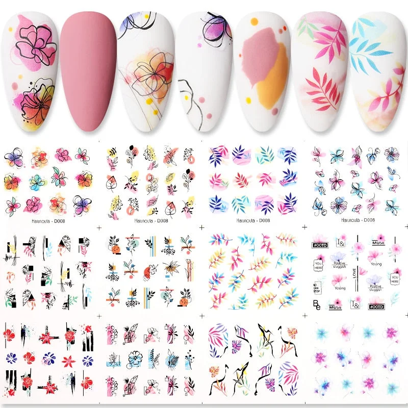 Harunouta 12Pcs/Set Love Letter Flower Sliders Water Decals Electrocardiogram Love Heart Lips Stickers For Nails Decoration