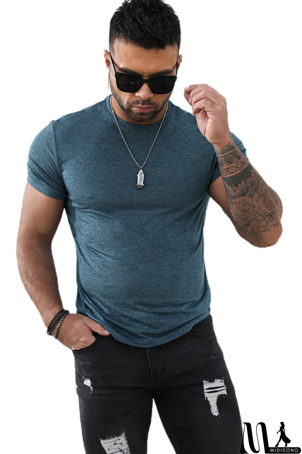 MidiSono - Blue Solid Basic Crewneck Short Sleeve Men's T-shirt