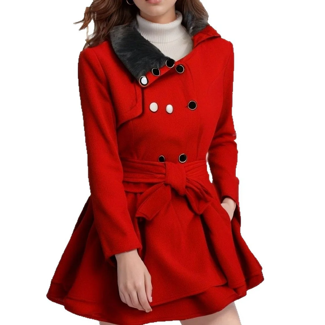 Nigikala Nigikala Women's Belt Repair Long Hair, Coat Skirt With Wool Double Buckle Coat