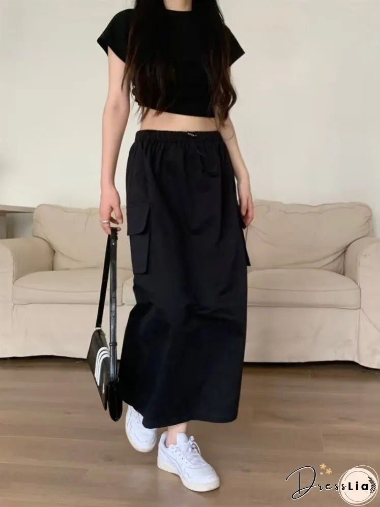 Joskka Long Cargo Skirt Women Korean Casual Split Drawstring Elastic Waist Pocket