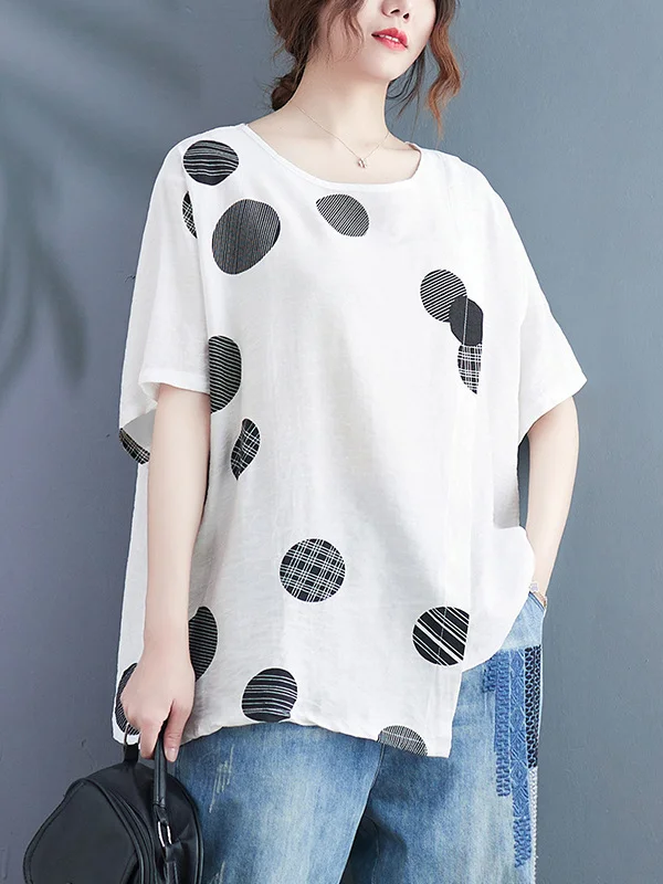Roomy Short Sleeves Asymmetric Polka-Dot Split-Joint Round-Neck T-Shirts