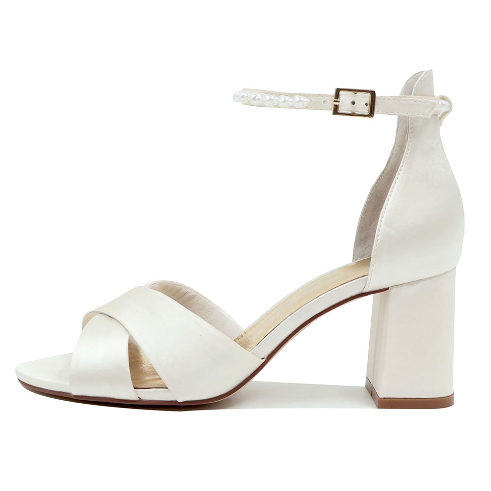White Satin Open Toe Pearl Ankle Strap Block Heel Wedding Sandals