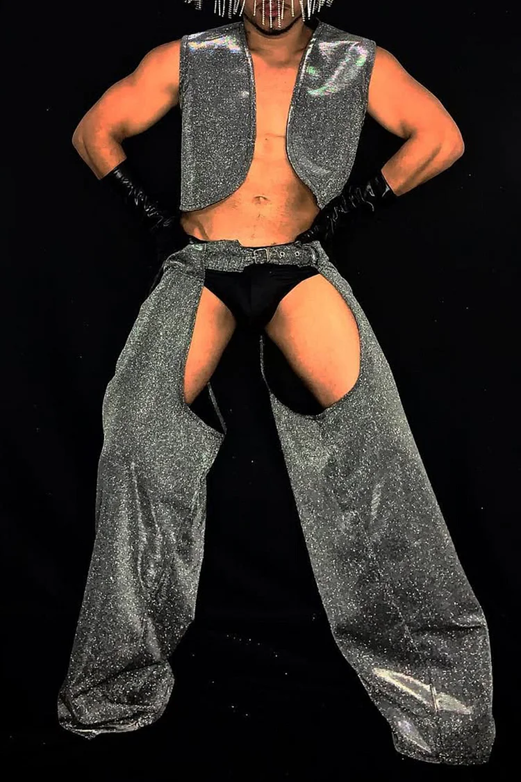 Ciciful Men's Glitter Metallic Vest Wide Leg Chaps Cowboy Festival Two Piece Set 